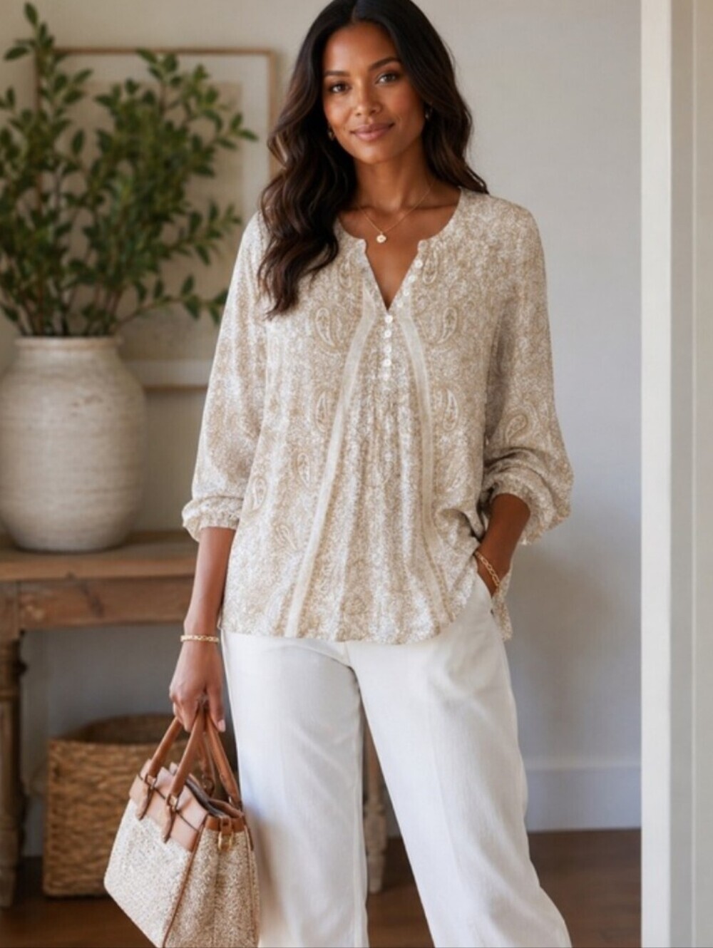 Pure Jill Organic Cotton Beige Paisley Women's Blouse Top Button Detail XL NWT